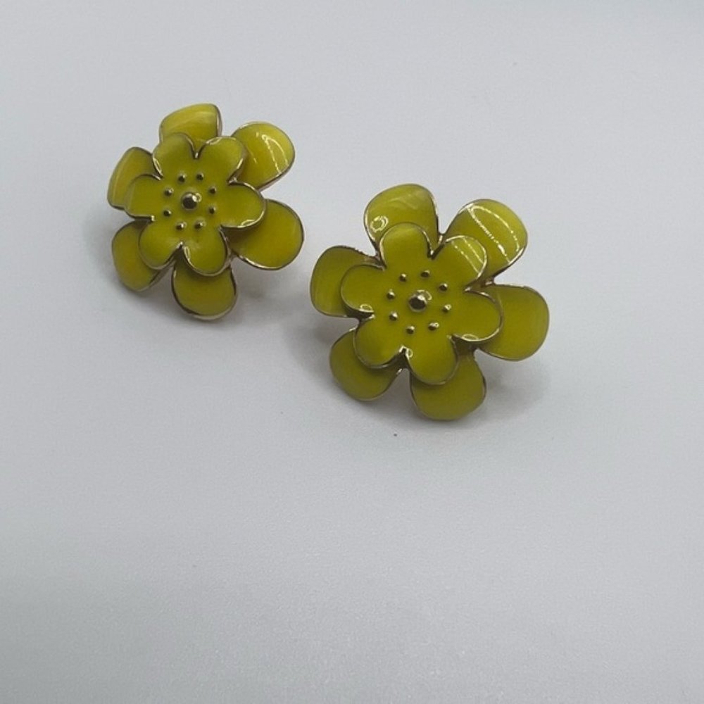 Gold Tone and Bright Yellow Enamel Floral Earrings